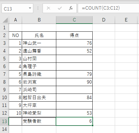 数字が入力されているセルの数が表示される