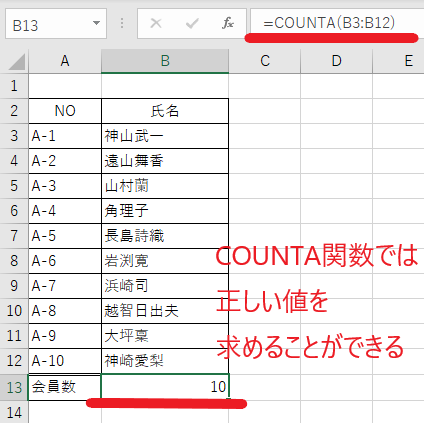 COUNTA関数で氏名のセルの数を数えることができた