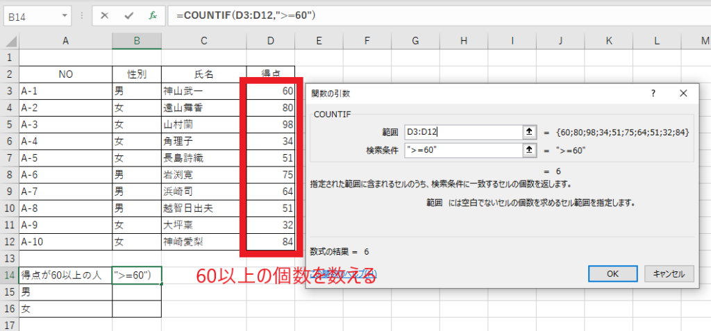 得点が60以上の個数を調べる
