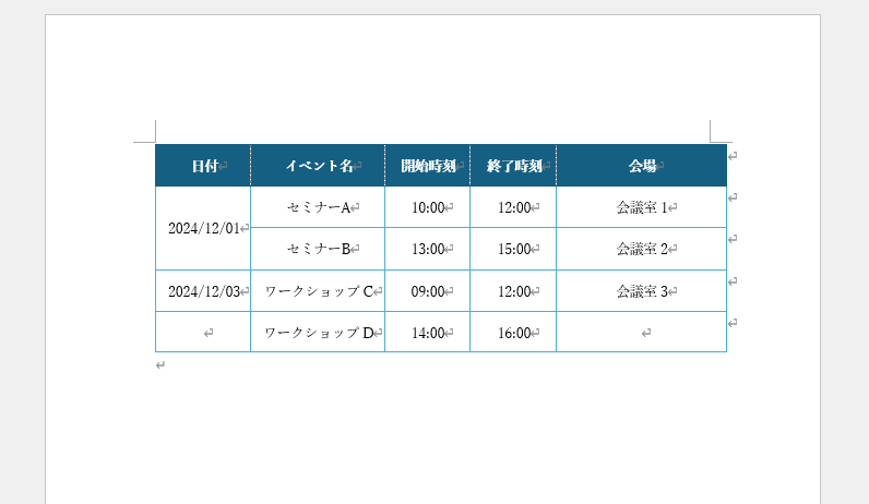 選択していたセルが1つに結合される