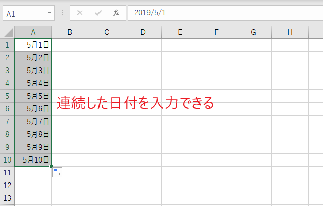 連続した日付が入力される