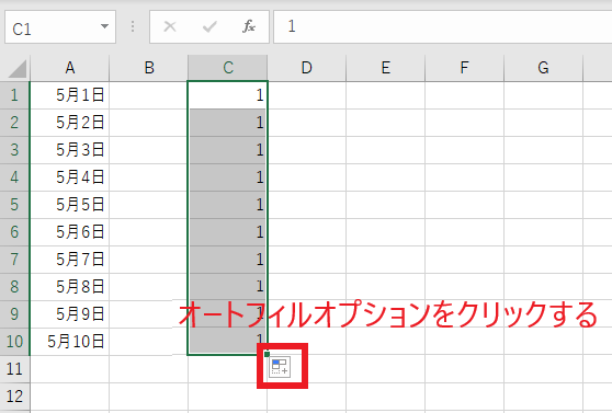 オートフィルオプションをクリックする
