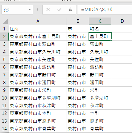 住所から町名のみ抜き出したいものが表示される