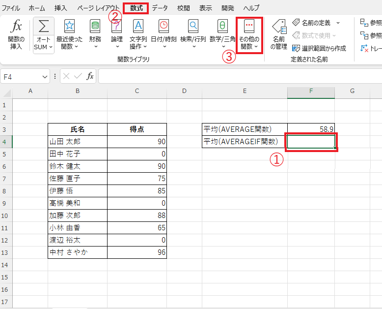 平均を表示するセルを選択し、「数式」タブの「その他の関数」をクリックする