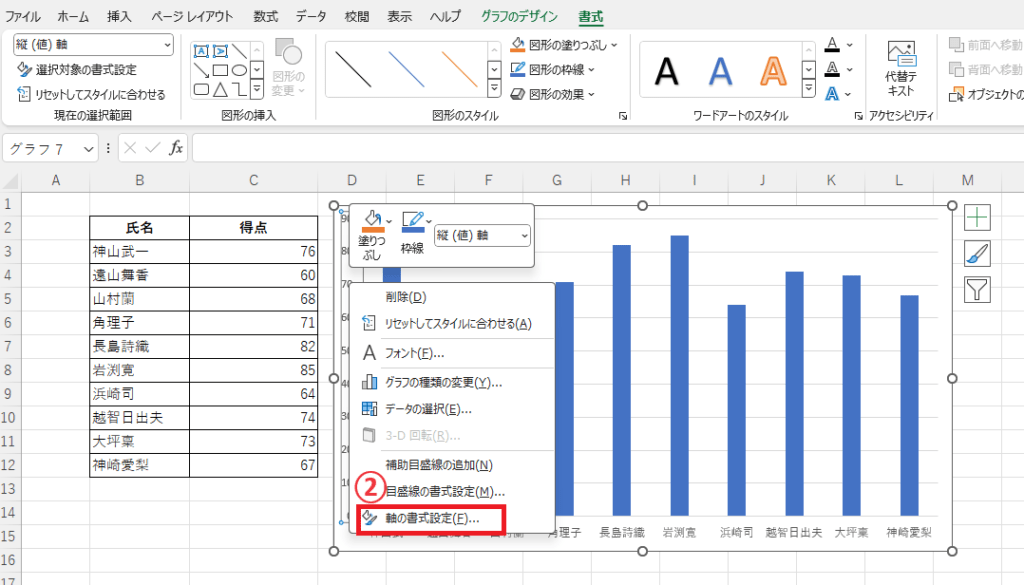 「軸の書式設定」をクリックする