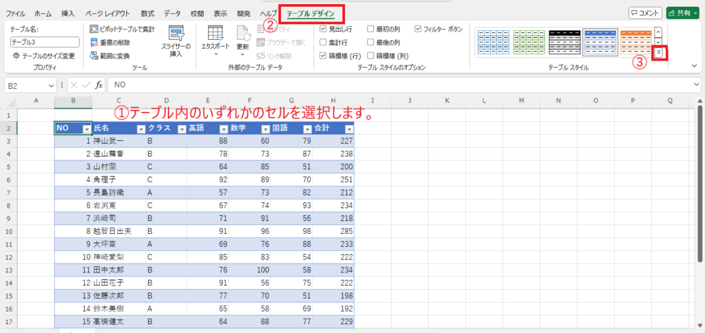 テーブルを選択し、「テーブルデザイン」タブの「クイックスタイル」をクリックする