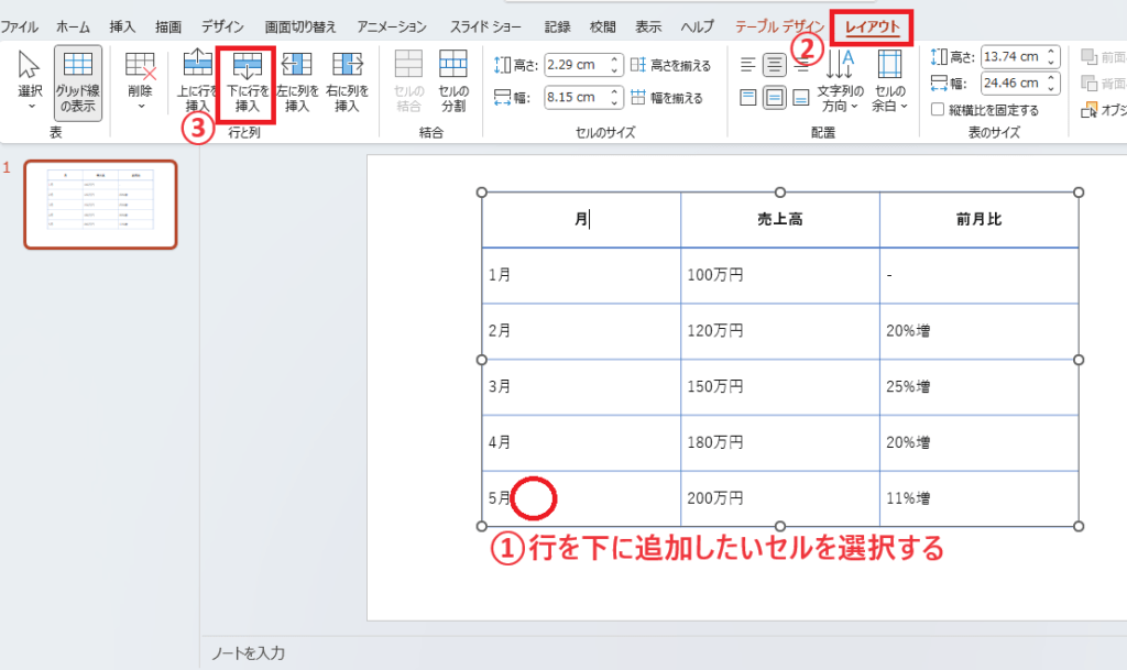 行を下に追加したいセルを選択し、「レイアウト」タブの「下に行を挿入」をクリックする
