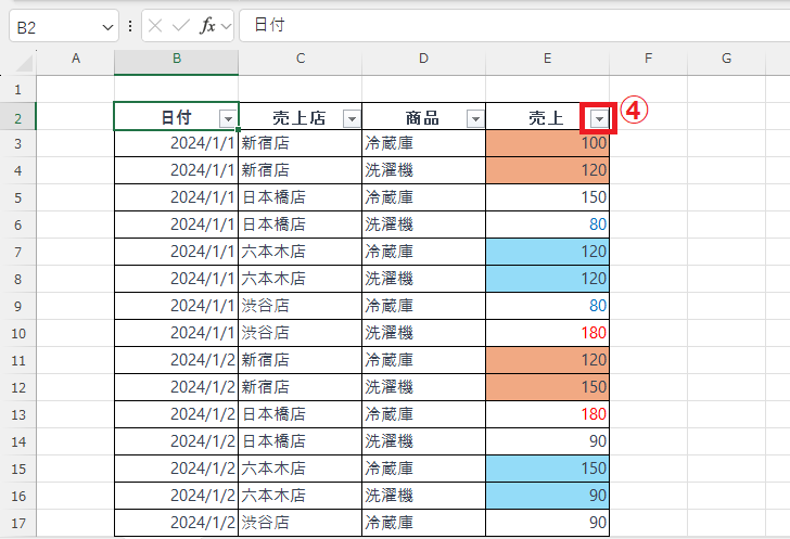 対象の見出しのフィルターボタン(▼)をクリックする