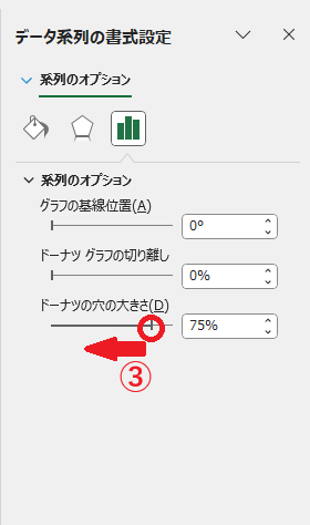 「ドーナツの穴の大きさ」のスライダーまたはボックスの数値を変更する