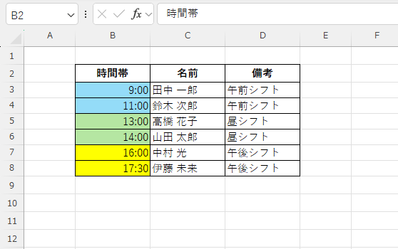 時間帯に応じてセルの色が変わっていれば成功