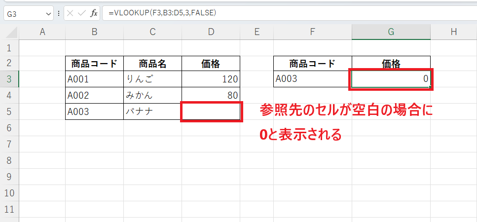 参照先のセルが空白の場合に、0が表示される