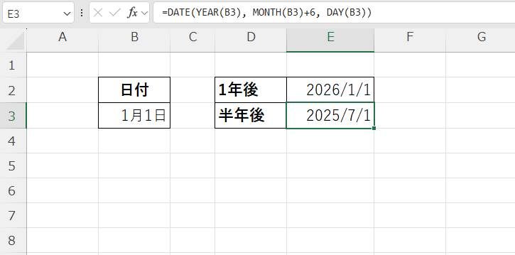 =DATE(YEAR(B3), MONTH(B3)+6, DAY(B3))