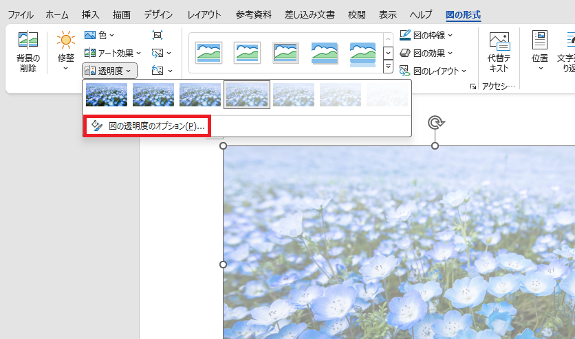 「図の透明度のオプション」をクリックする