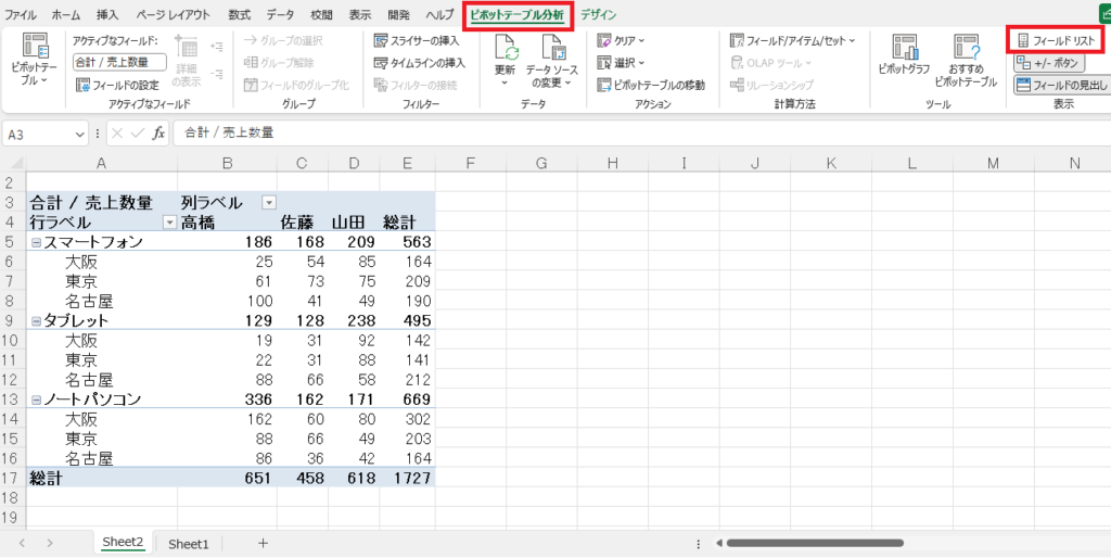 「ピボットテーブルのフィールド」を表示されない場合は、「ピボットテーブル分析」タブの「フィールドリスト」をクリックする